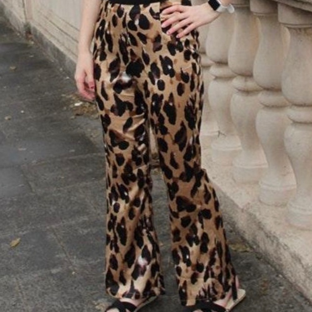 nasty gal satin leopard print bell bottom pants brown tan black size S